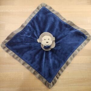 Carters Monkey Rattle Security Blanket- Plush Lovey- Satin- Blue & Brown